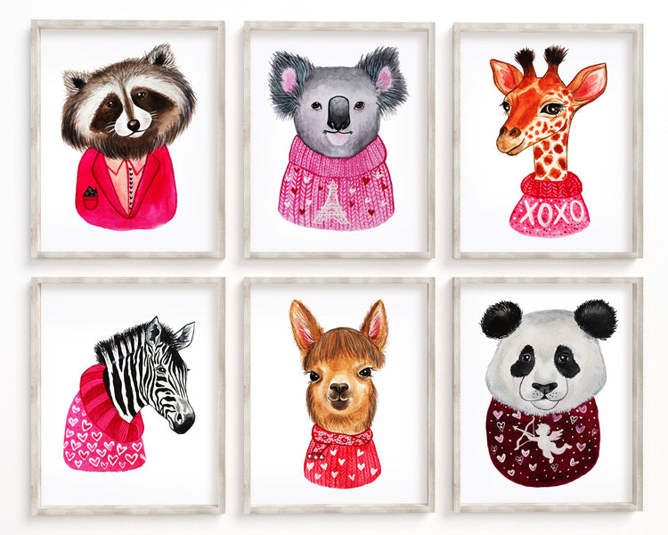 Animal Valentines Day Set of 6 Printable Wall Art, Digital Download