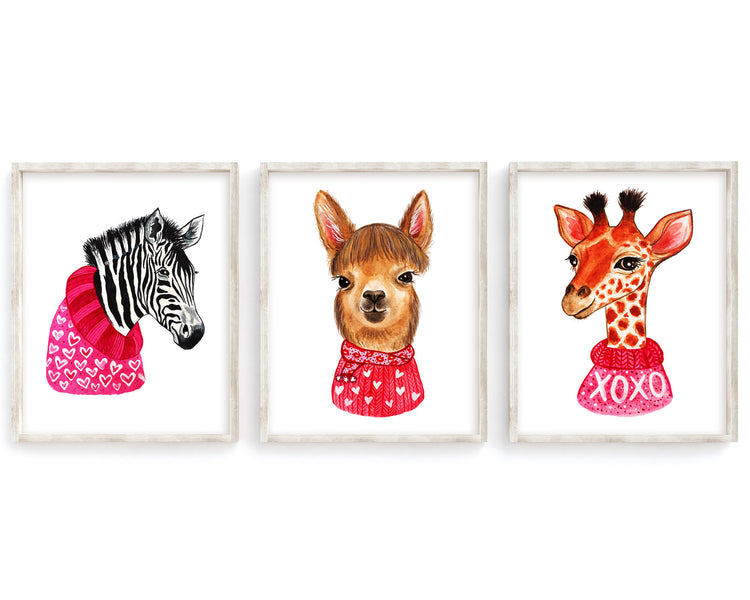 Animal Valentines Day Set of 3 Printable Wall Art, Digital Download