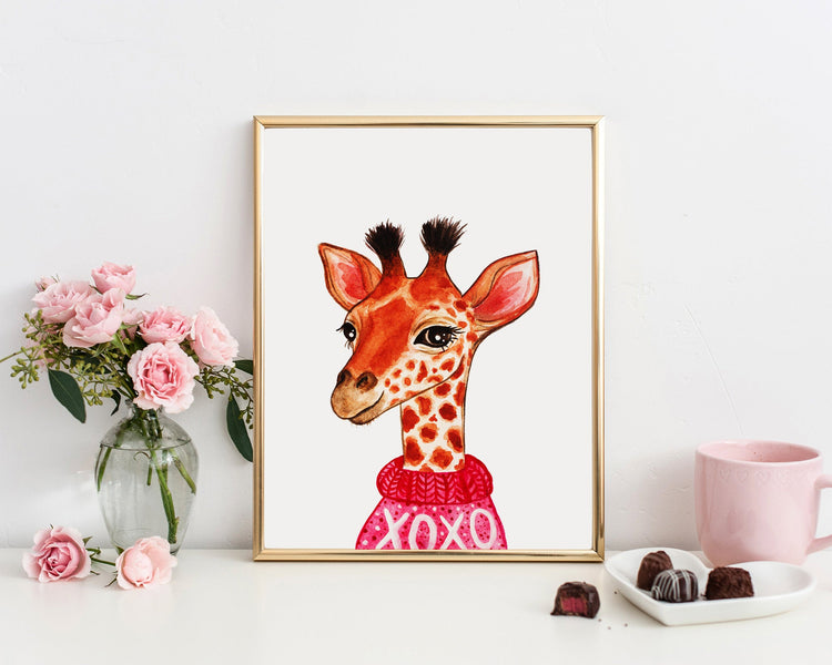 Valentine Giraffe Printable Wall Art, Digital Download